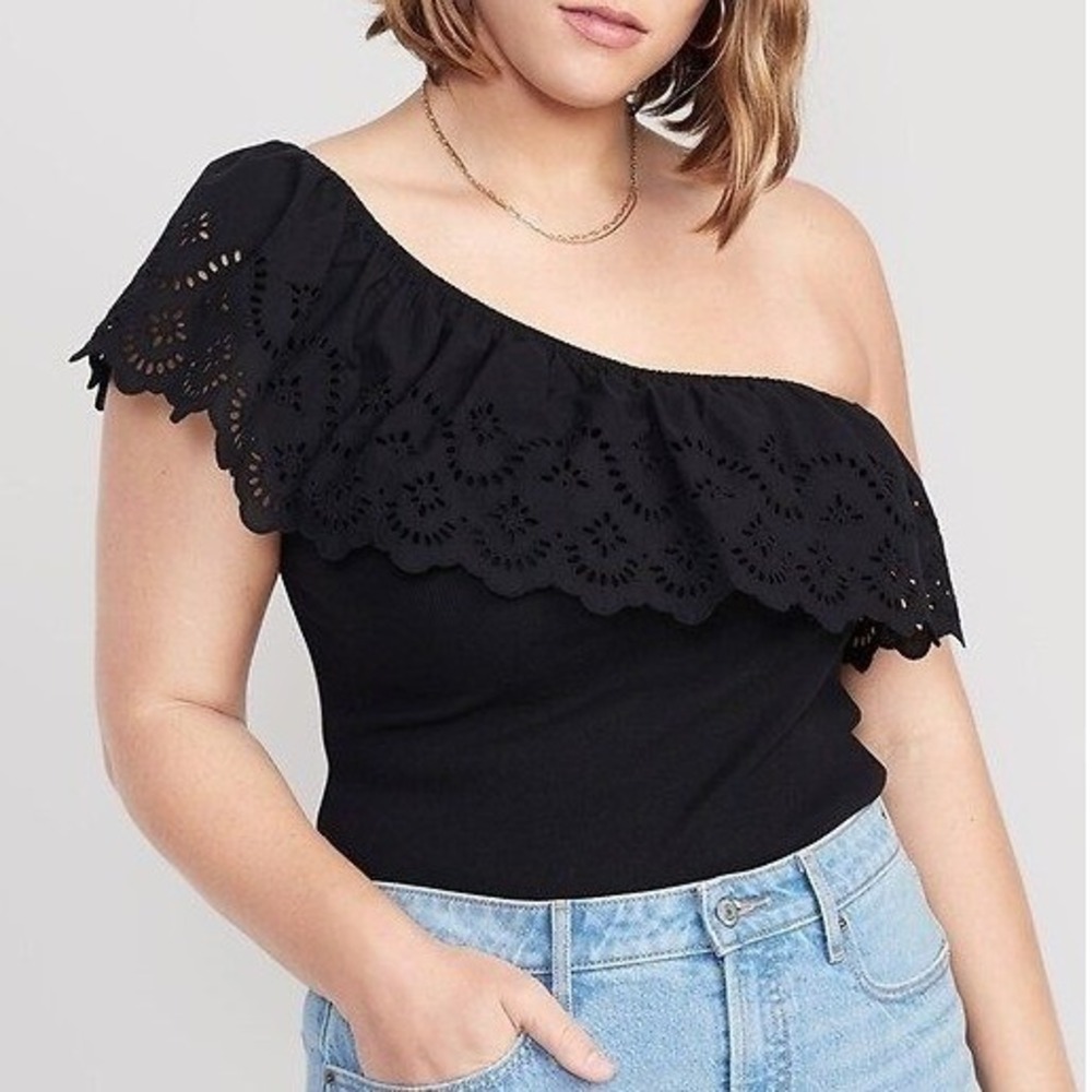 Old Navy One Shoulder Top Women XL Black Eyelet Lace Ruffle Ribbed 545493-05-2